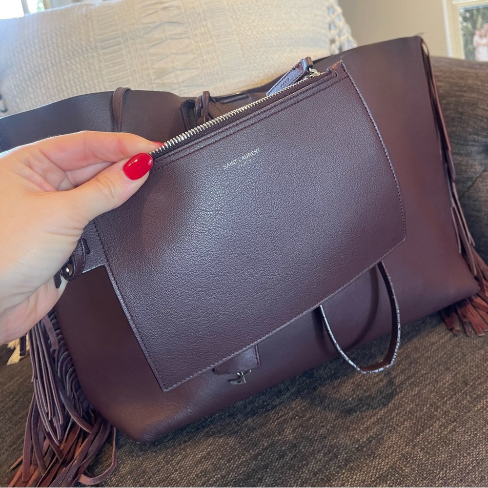 YSL Saint Laurent Large Calfskin Fringe Shopping Tote Bag Maroon - Picture 10 of 15
